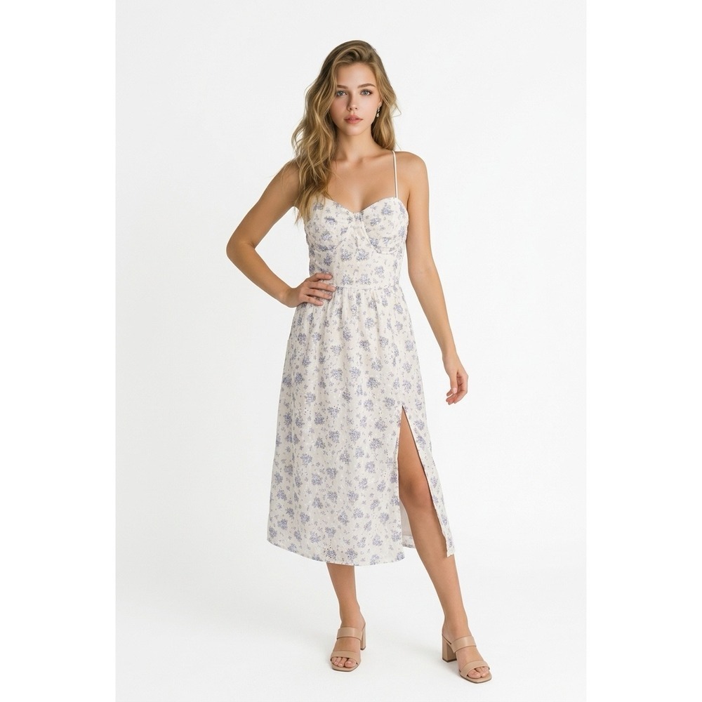 Windsor Floral Lace Bustier Midi Dress White Blue Sweetheart Slit Cottagecore L